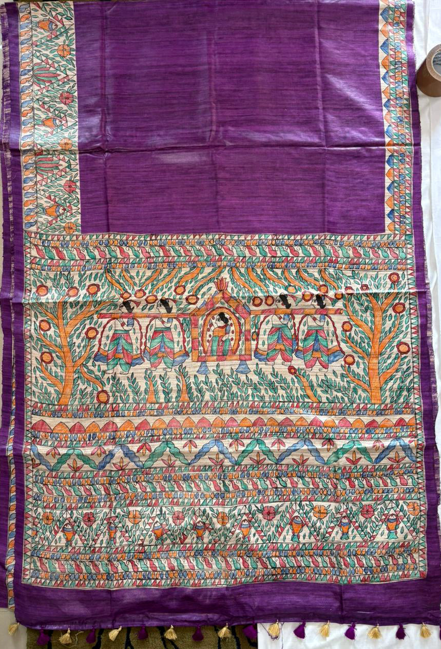 Handcrafted Madhubani Saree | Pure Tussar Ghicha Silk | Silk Mark Certified | Violet