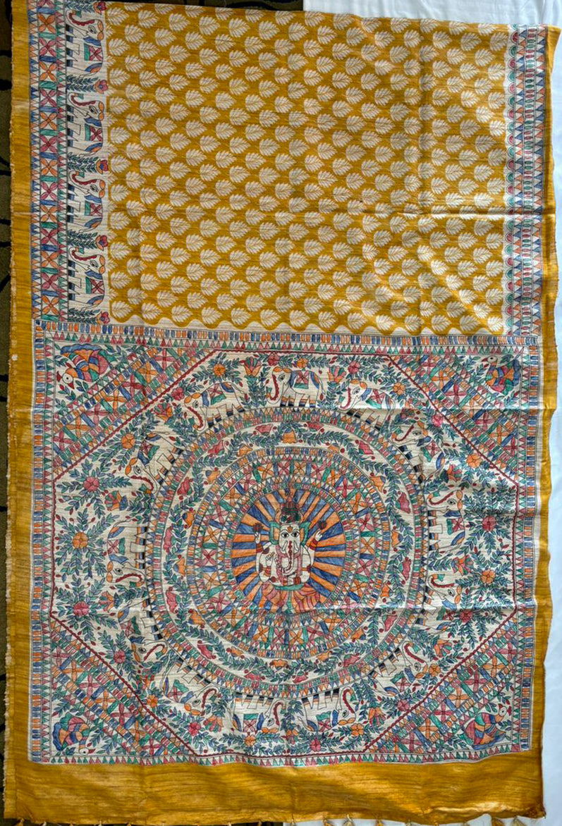 Handcrafted Madhubani Saree | Pure Tussar Ghicha Silk | Silk Mark Certified | Dark Bronze