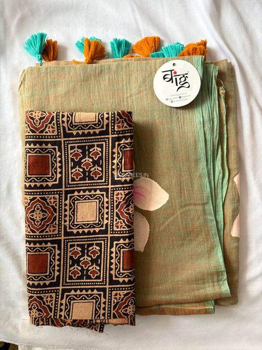 Hand Painted Mul Cotton Saree | Sand (Dual Tone)