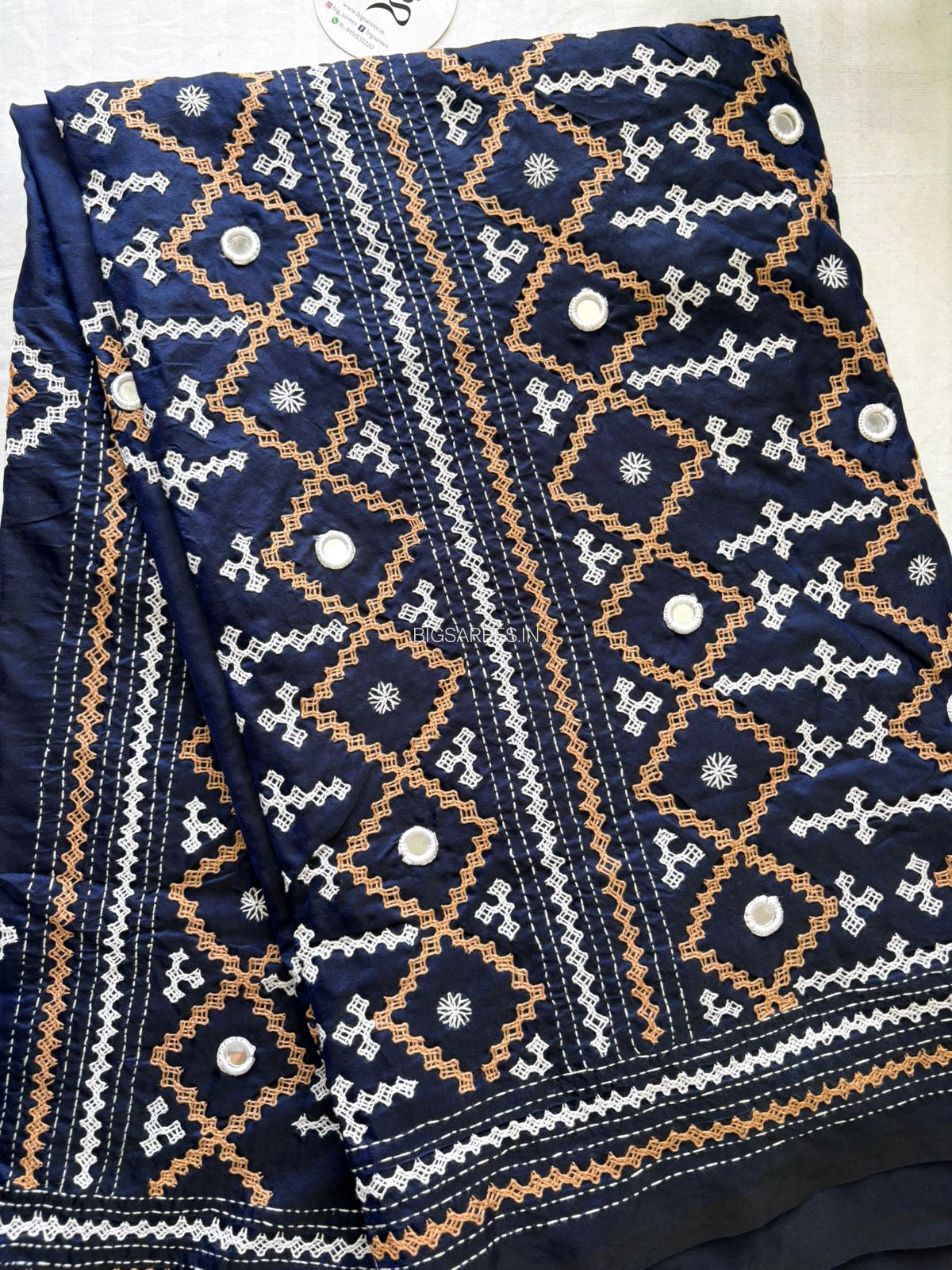Kutchi/Gujarati Stitch Hand Embroidered Saree | Art Silk | Real Mirror Work | Navy Blue