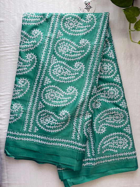 Kutchi/Gujarati Hand Embroidered Saree | Blended Bangalore Silk / Art Silk | Sea Green