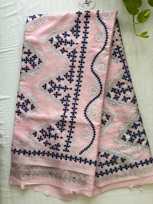 Kutchi/Gujarati Hand Embroidered Saree | Blended Bangalore Silk / Art Silk | Pink