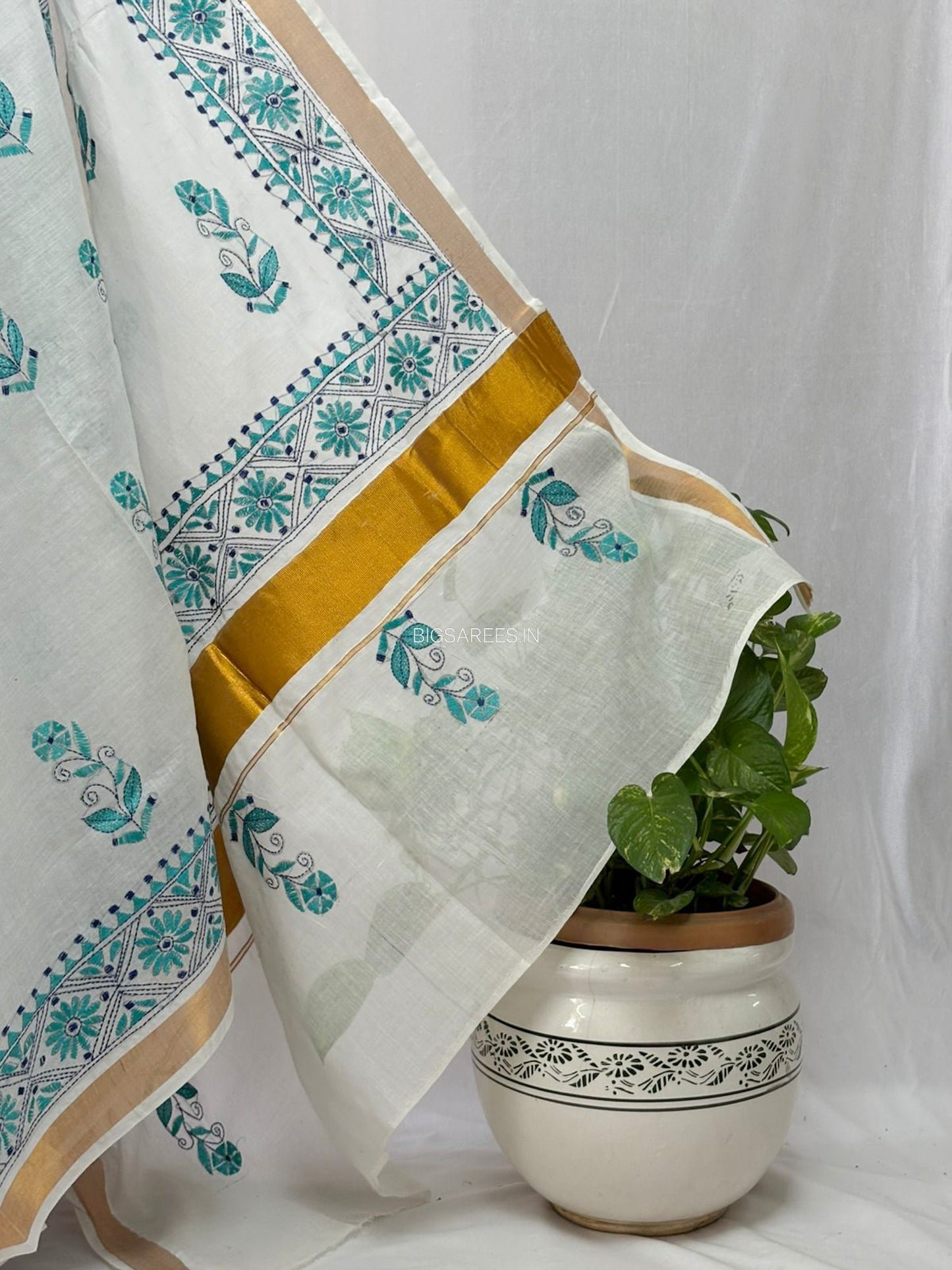 Kantha Stitch Hand Embroidered Saree | South Cotton | White