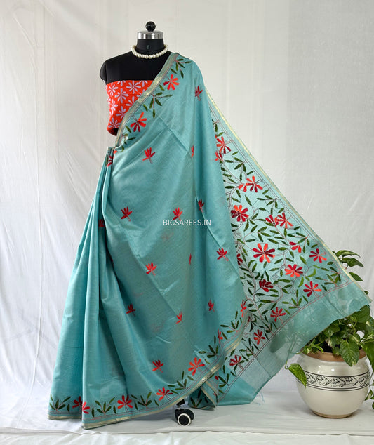 Kantha Stitch Semi Tussar with Blouse | Hand-Embroidered | Teal