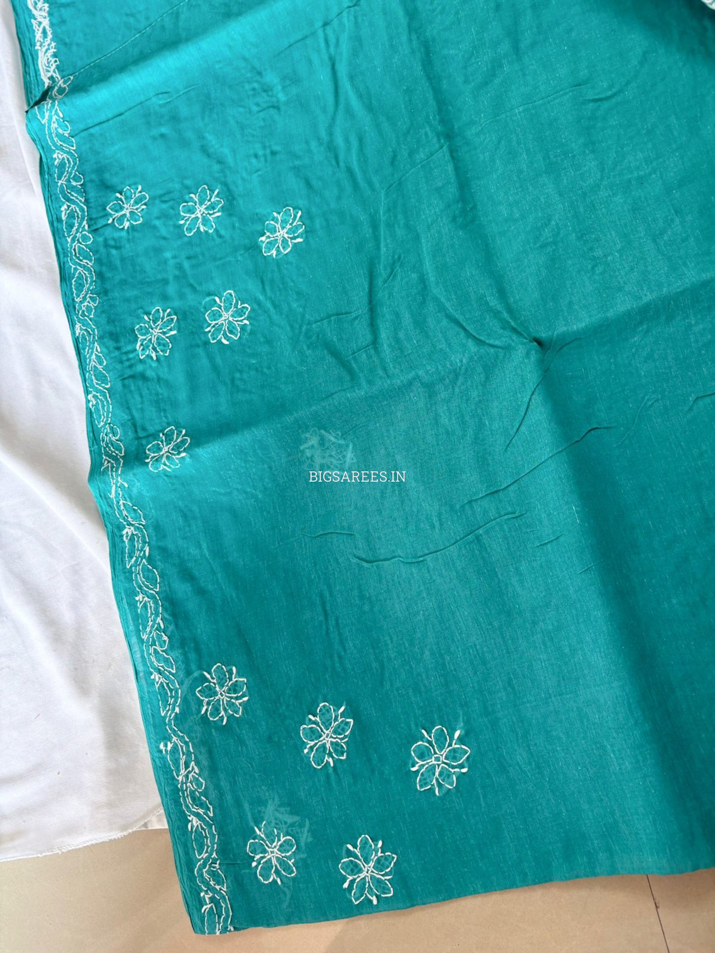 Chikankari Hand-Embroidered Saree | Heavy Work | Cotton | Dark Sea Green