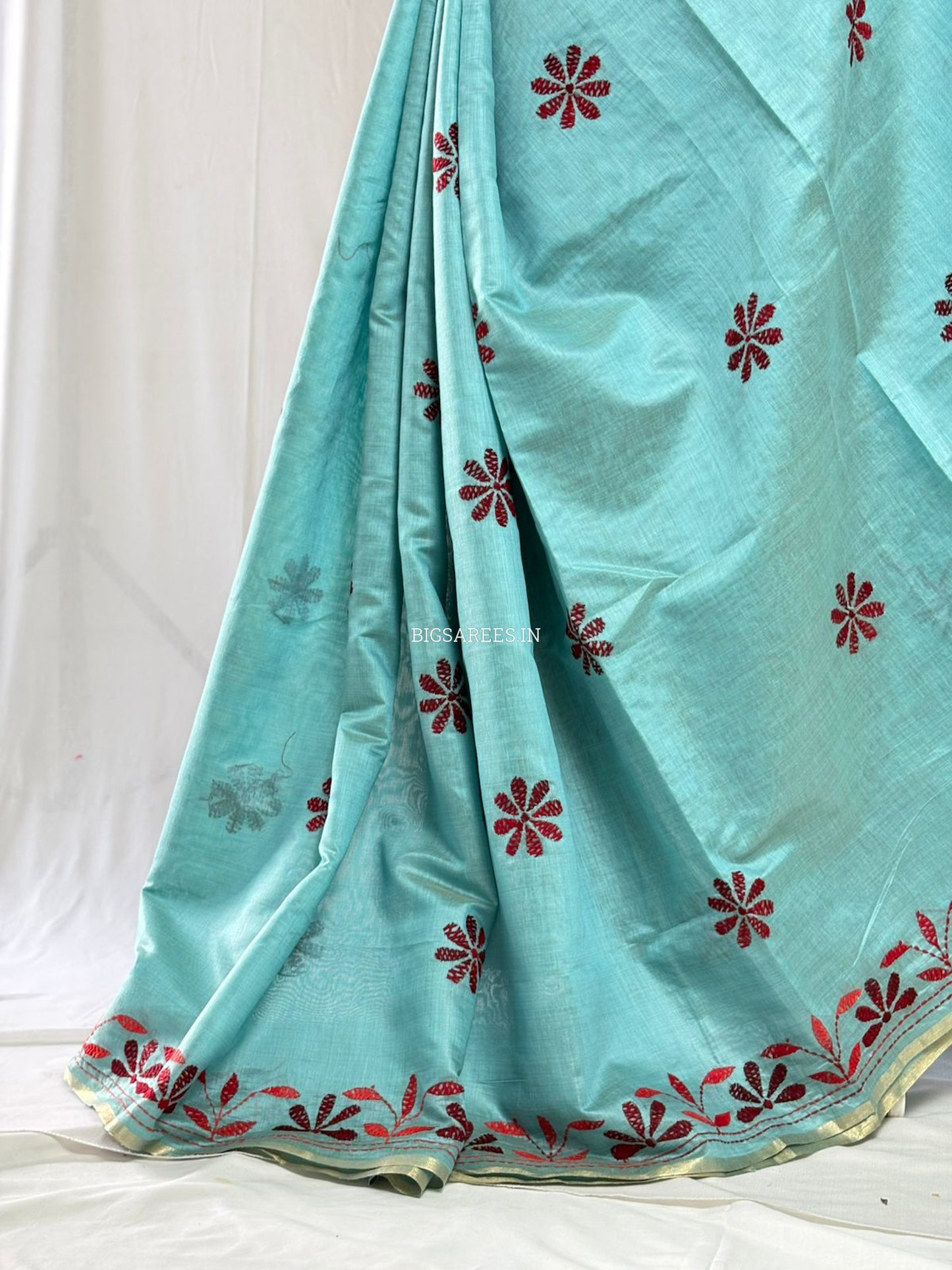 Kantha Stitch Semi Tussar with Blouse | Hand-Embroidered | Teal