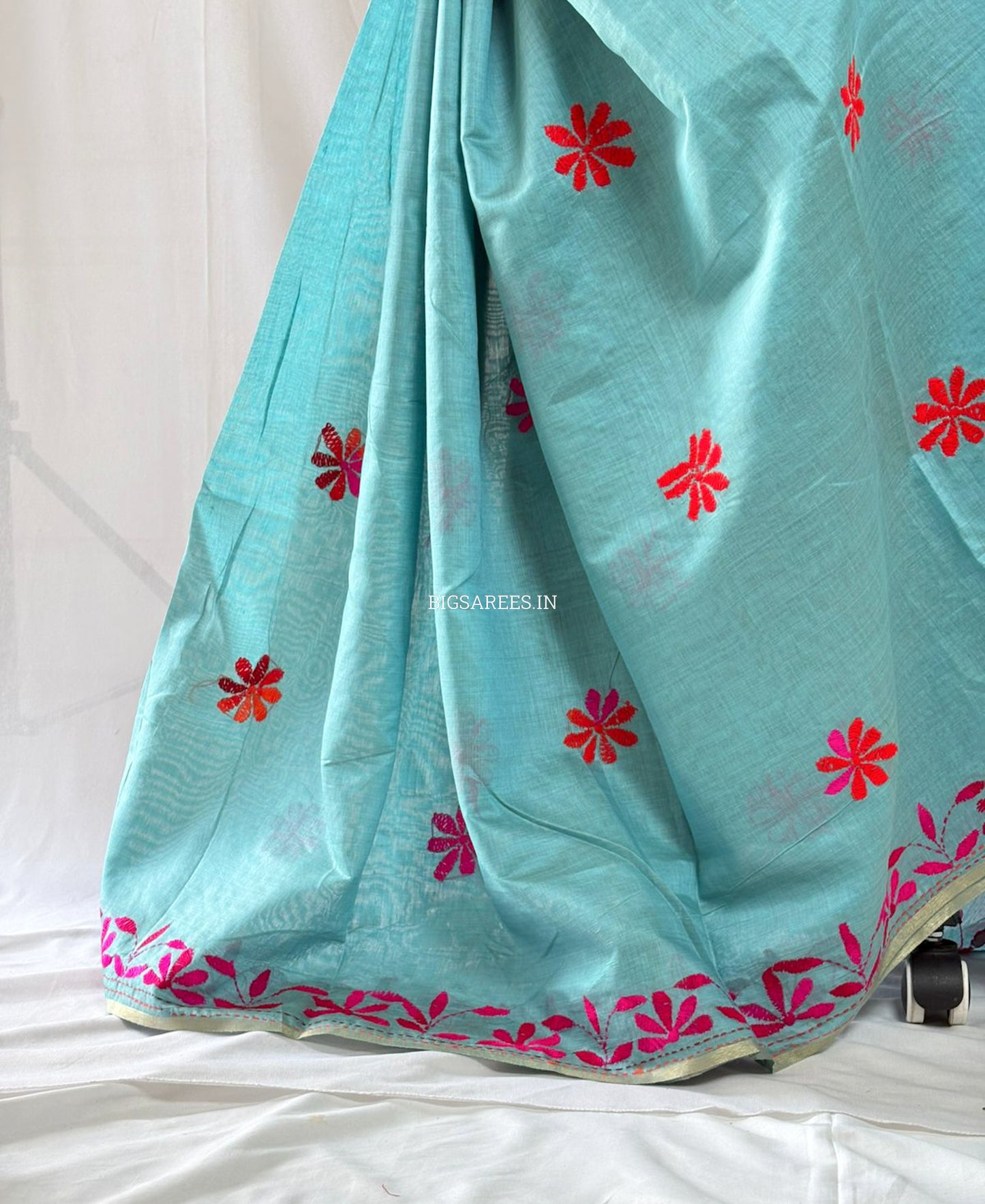 Kantha Stitch Semi Tussar with Blouse | Hand-Embroidered | Teal