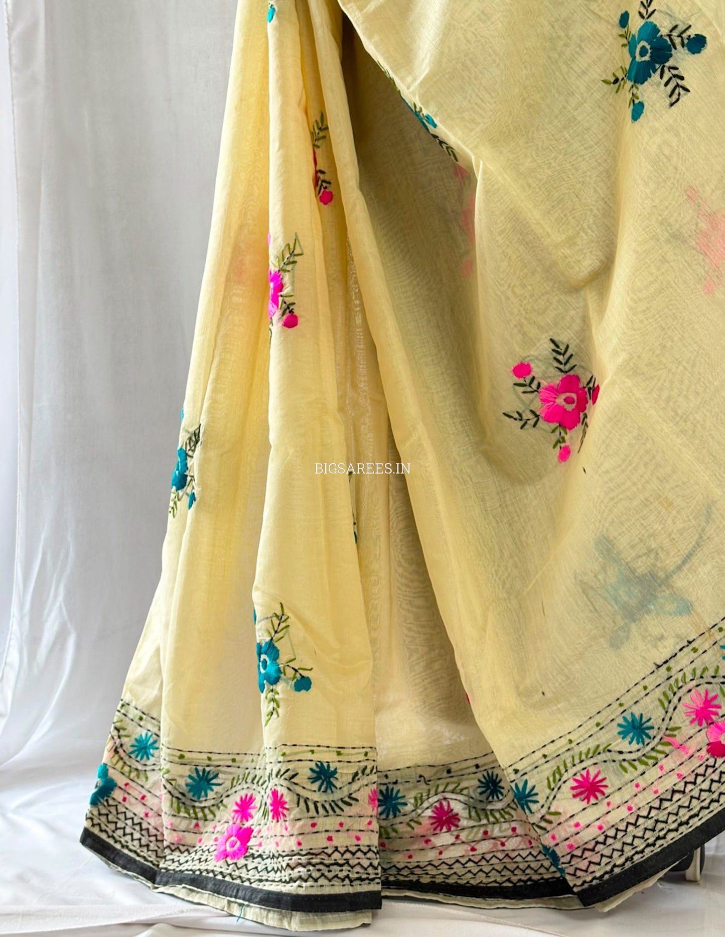 Phulkari Hand-Embroidered Saree | Chanderi Silk | Light Mint Green
