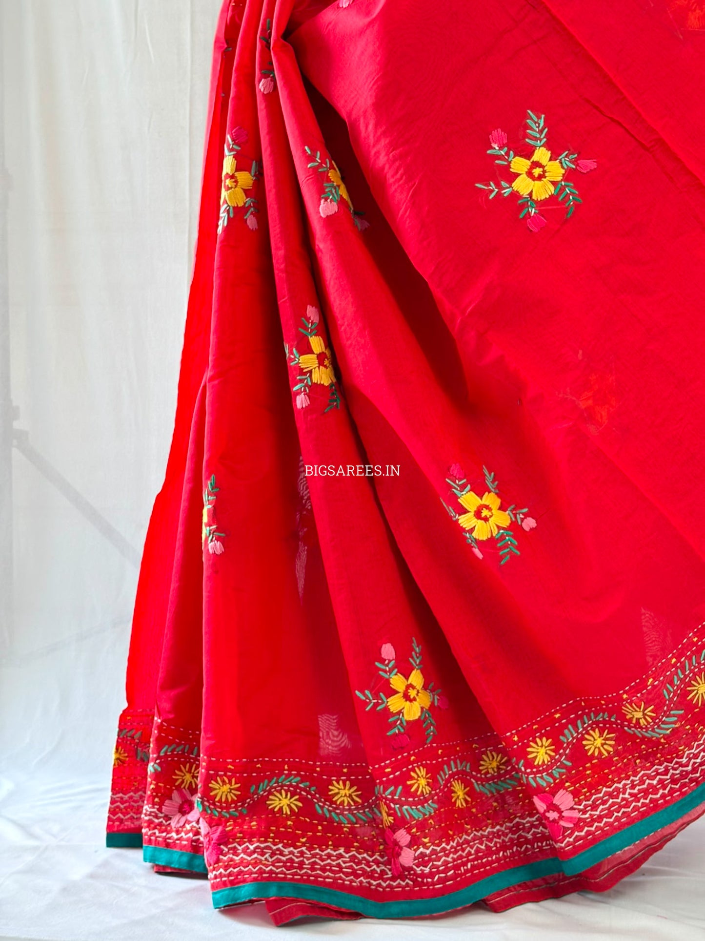 Phulkari Hand-Embroidered Saree | Chanderi Silk | Red