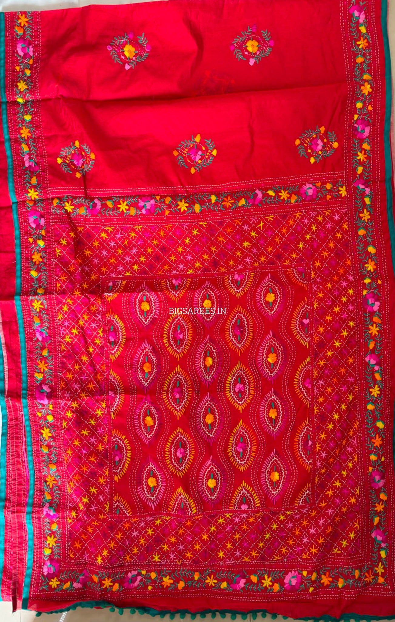 Phulkari Hand-Embroidered Saree | Chanderi Silk | Red