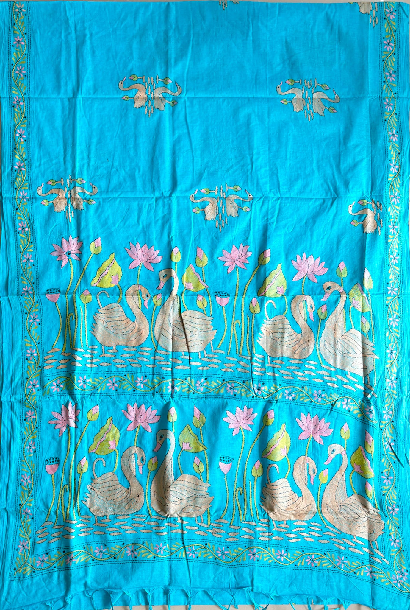 Kantha Stitch Hand-Embroidered Saree | Khadi Cotton | Royal Aqua