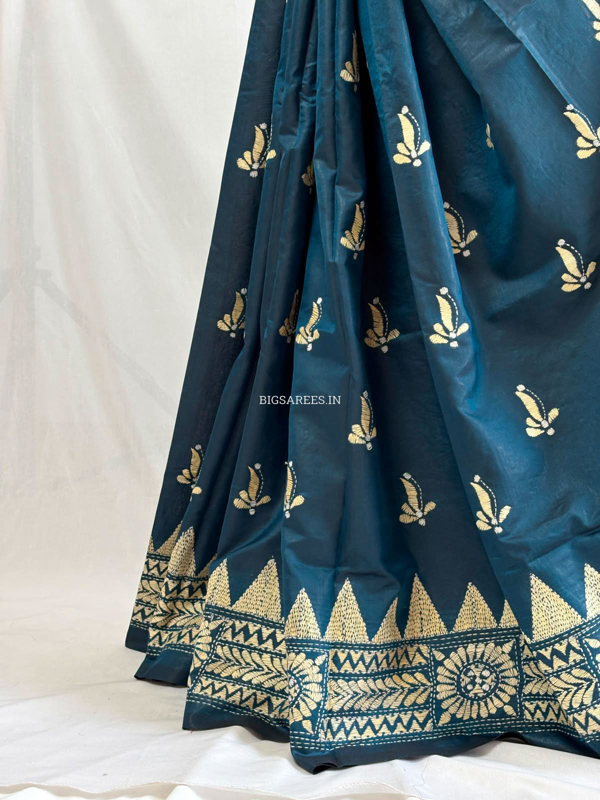 Kantha - Stitch Hand Embroidered Saree | Blended Bangalore Silk / Art Silk | Peacock Blue