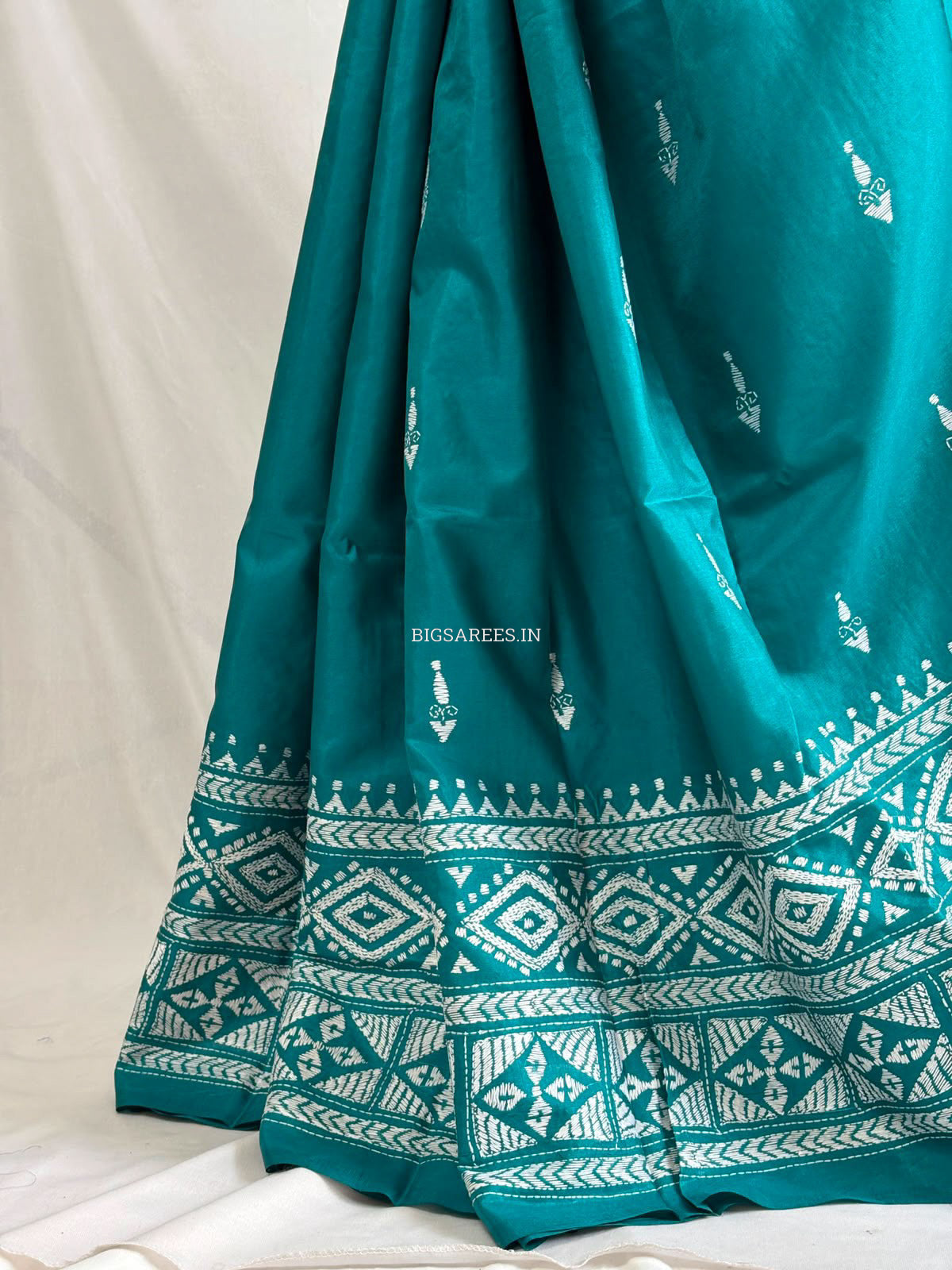 Kantha Stitch Hand Embroidered Saree | Blended Bangalore Silk / Art Silk | Turquoise