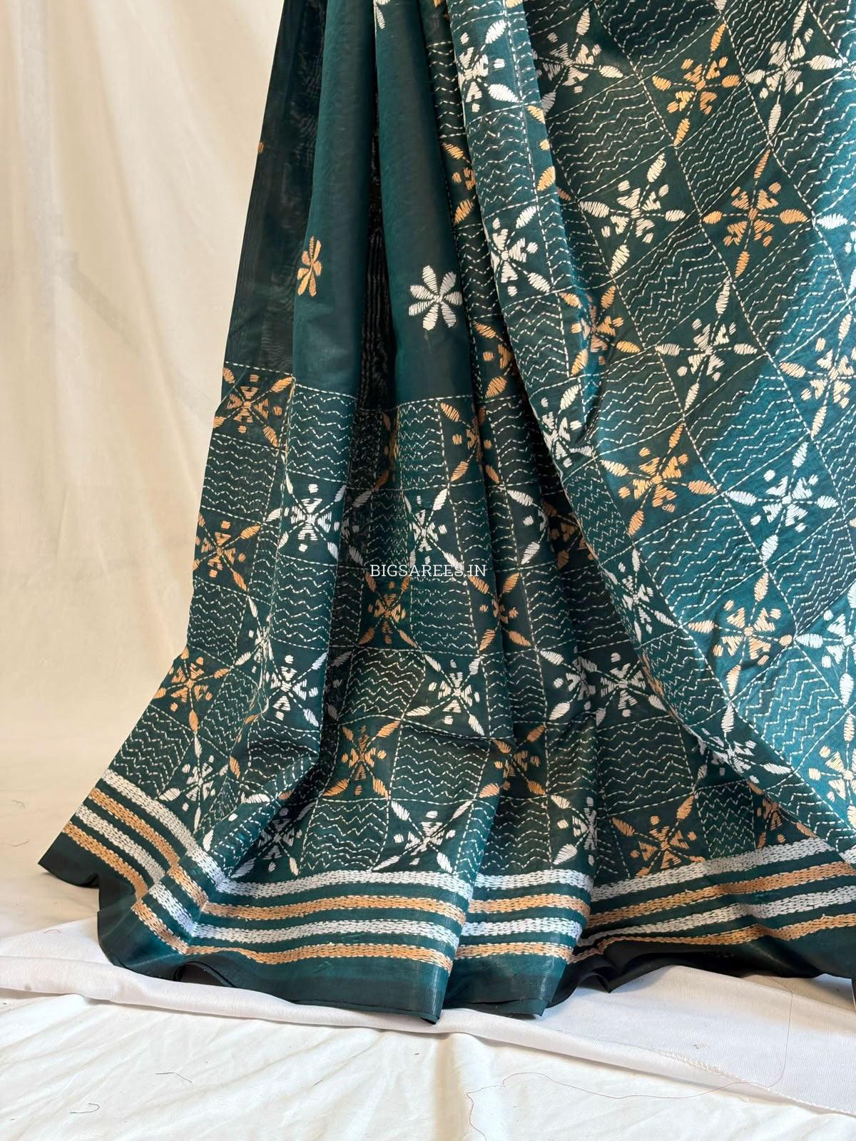 Kantha Stitch Hand Embroidered Saree | Blended Bangalore Silk / Art Silk | Rama Green