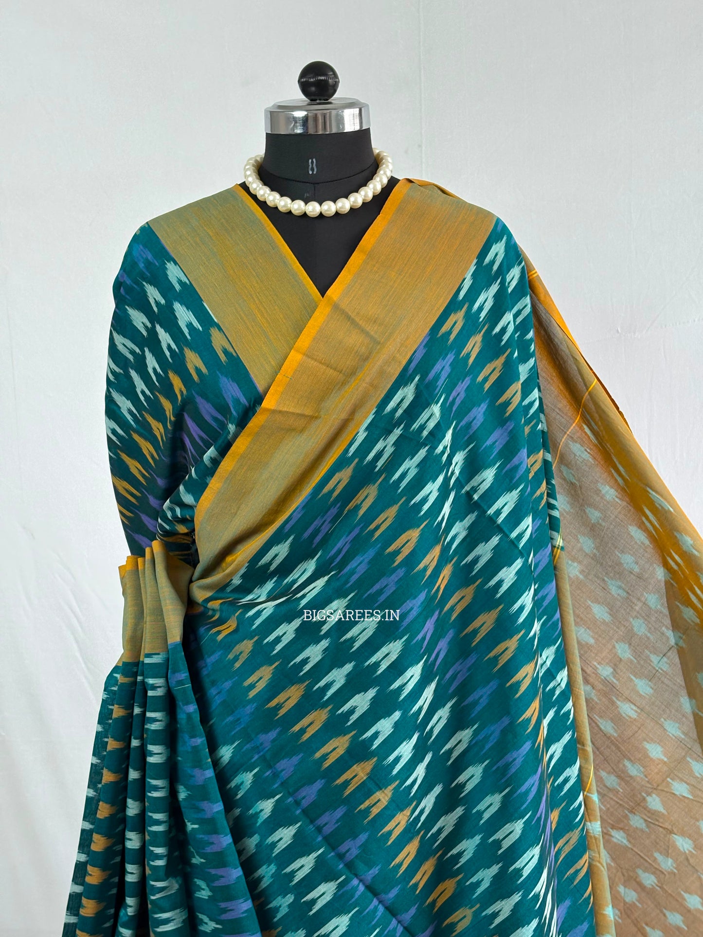 Ikat Saree with Blouse Piece | Mercerised Cotton | Teal Green