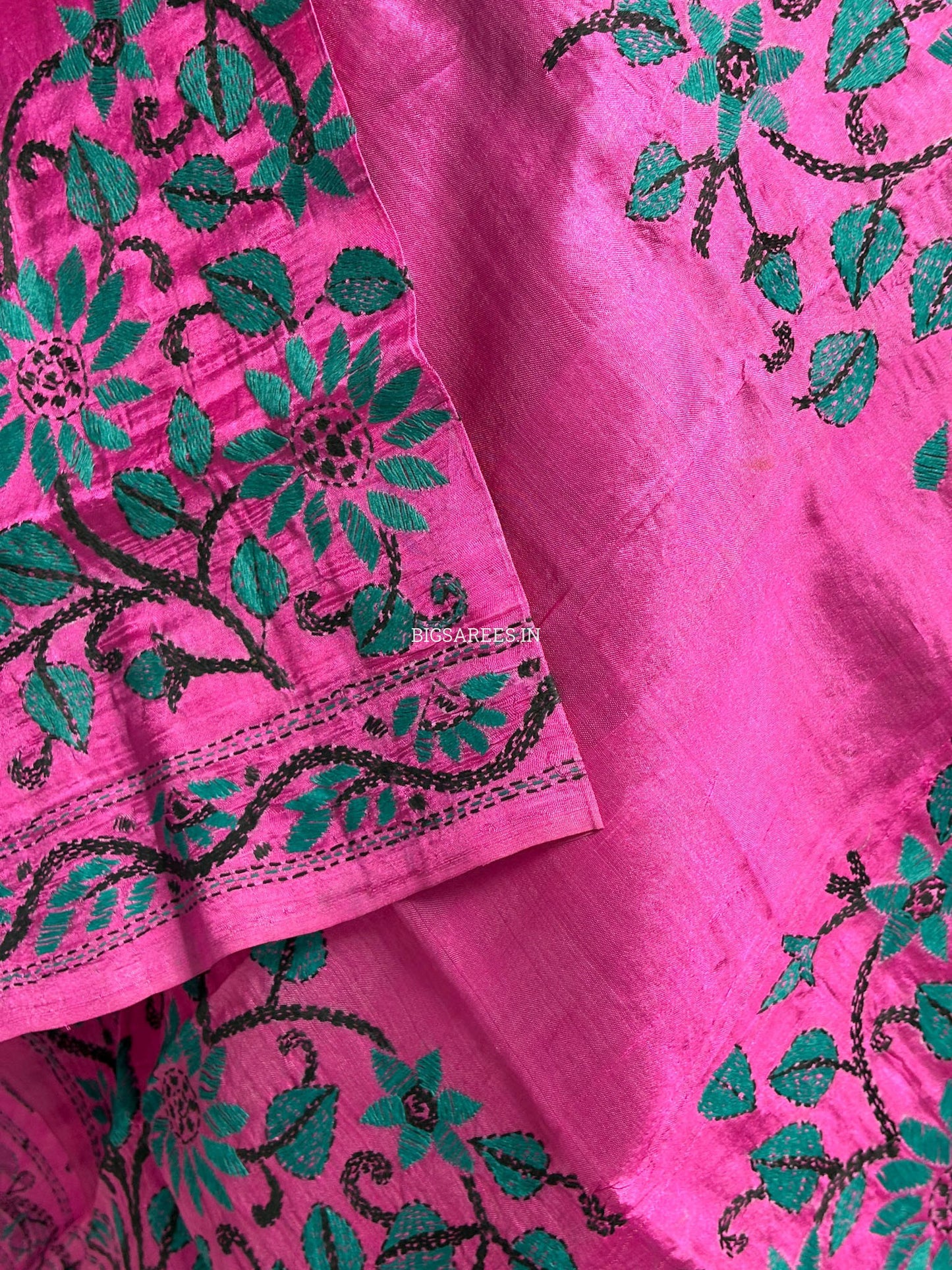 Kantha Hand-Embroidered Dupatta | Pure Tussar Silk | Full Work | Pink
