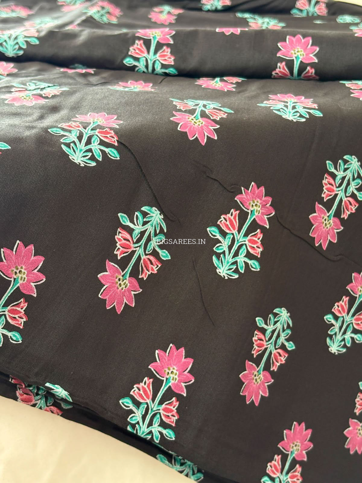 Block Print Design Cotton Fabric | Floral | Black