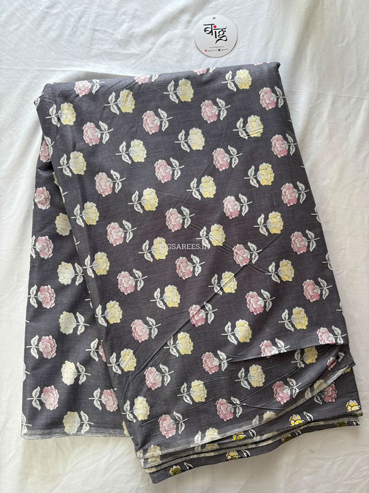 Block Print Design Cotton Fabric | Floral | Gray