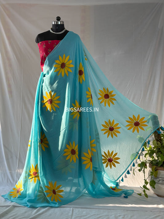 Hand Painted Mul Cotton Saree with Blouse | Sky Blue