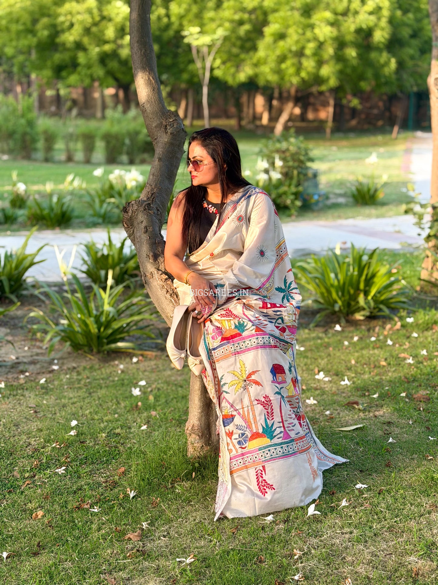 Kantha Stitch Hand Embroidered Saree | Blended Bangalore Silk / Art Silk | White