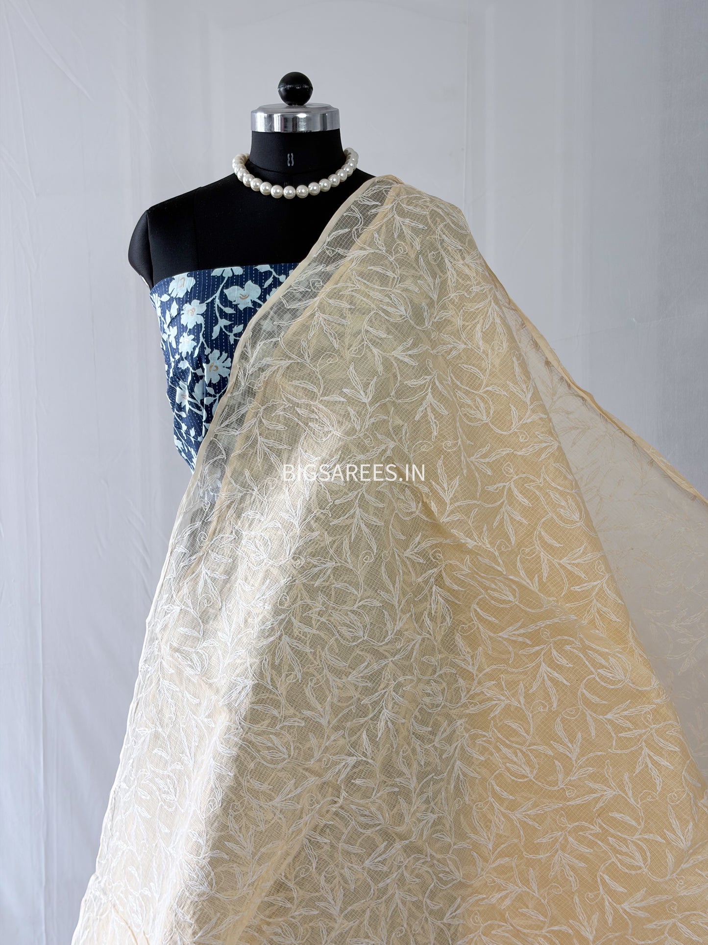 Chikankari Hand-Embroidered Saree | Kota Cotton | Light Orange