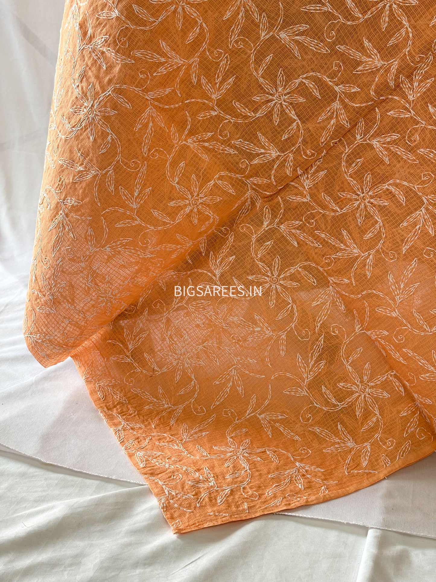 Chikankari Hand-Embroidered Saree | Kota Cotton | Peach