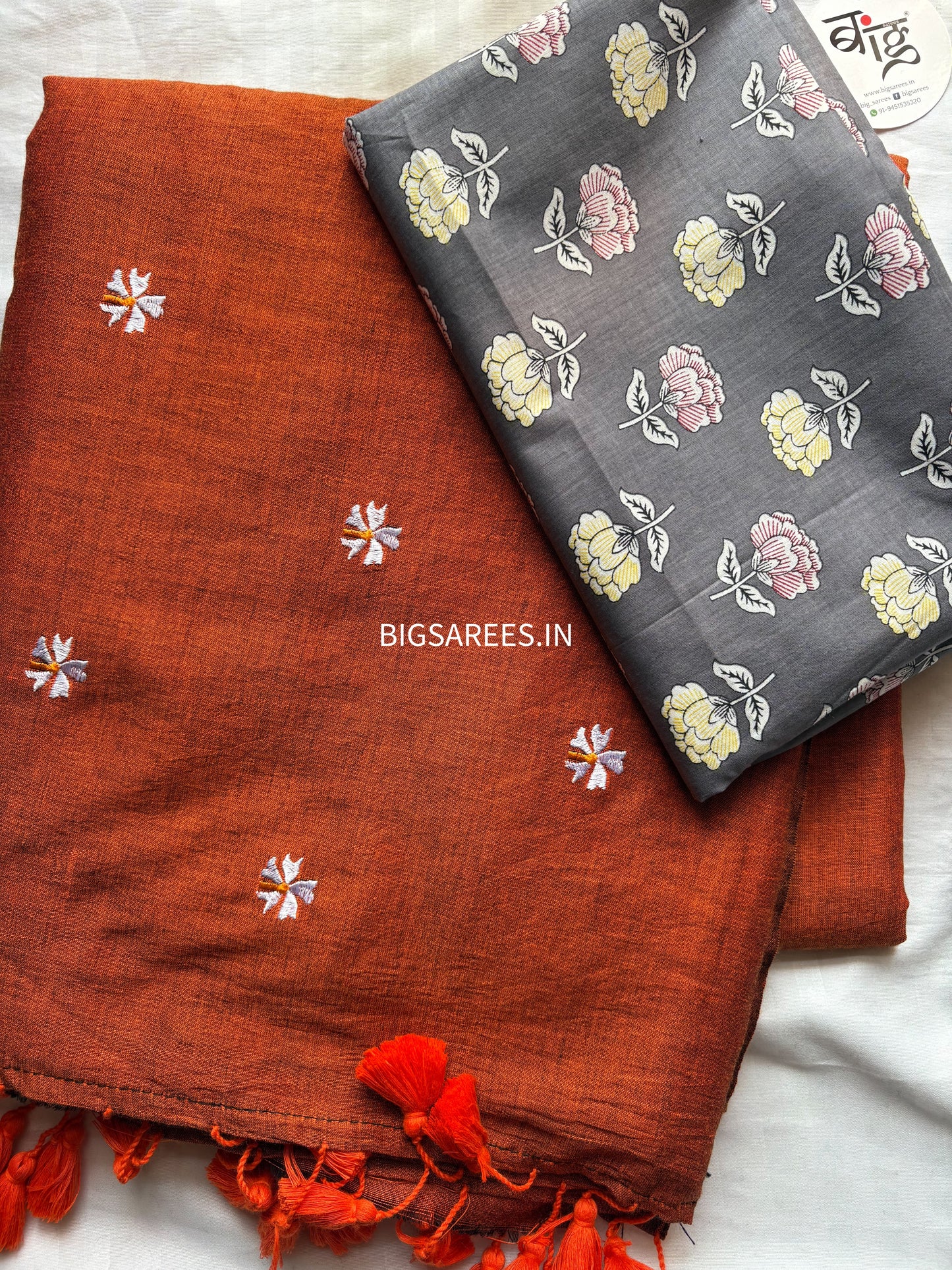 Night Jasmine Motif Saree With Blouse | Acrylic Cotton Blend | Orange