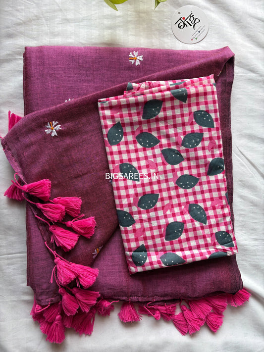 Night Jasmine Motif Saree With Blouse | Acrylic Cotton Blend | Tulip Pink