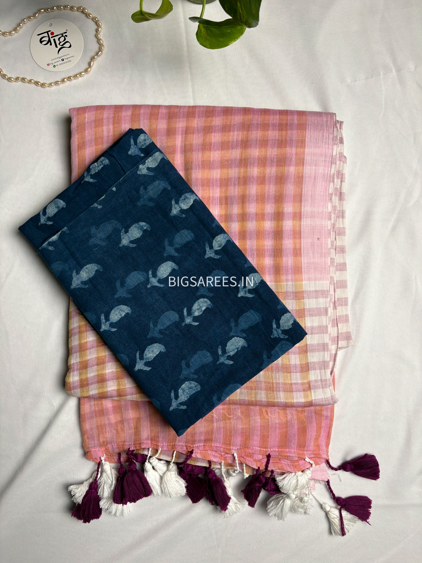 Checkered Mul Cotton Saree With Ikat Blouse | Ultra Lightweight | Pink