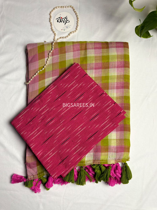 Checkered Mul Cotton Saree With Ikat Blouse | Ultra Lightweight |