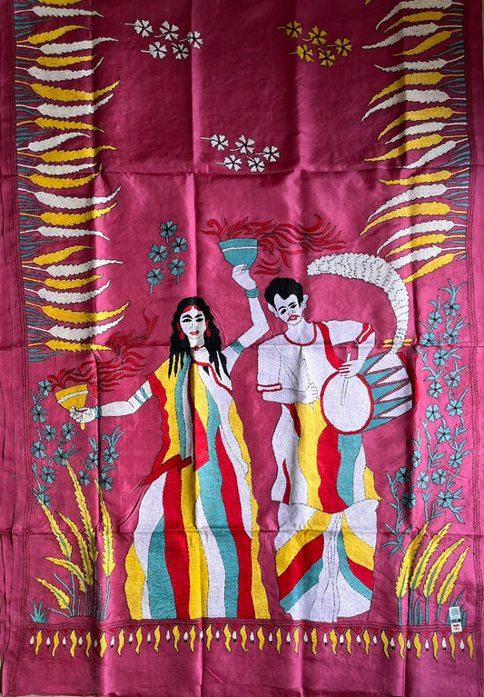 Pink Kantha Hand Embroidered Pure Banglore Silk Saree (Silk Marked)