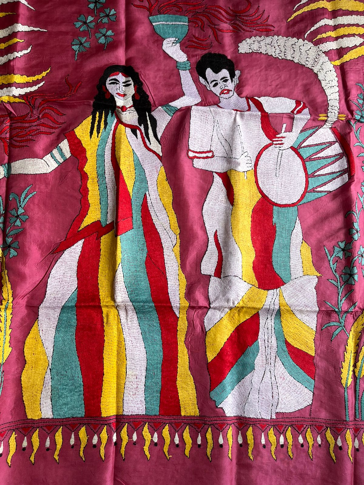 Pink Kantha Hand Embroidered Pure Banglore Silk Saree (Silk Marked)