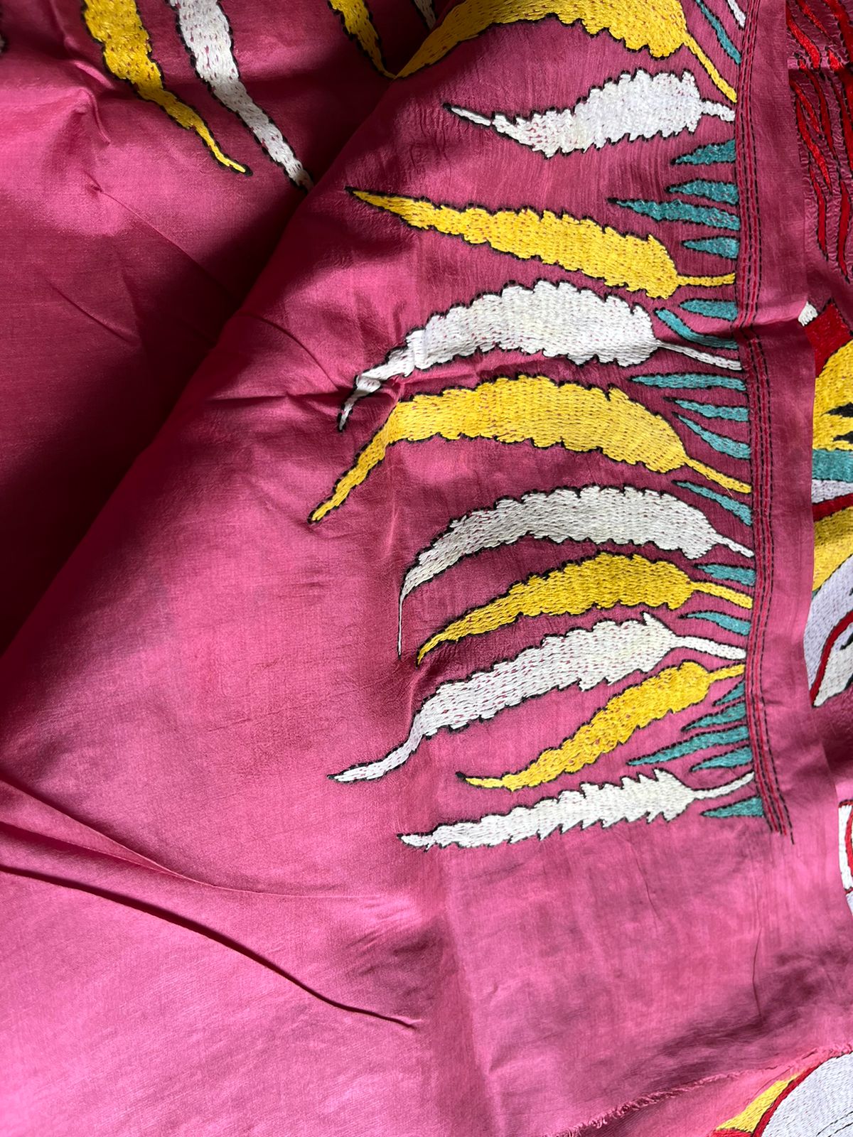 Pink Kantha Hand Embroidered Pure Banglore Silk Saree (Silk Marked)
