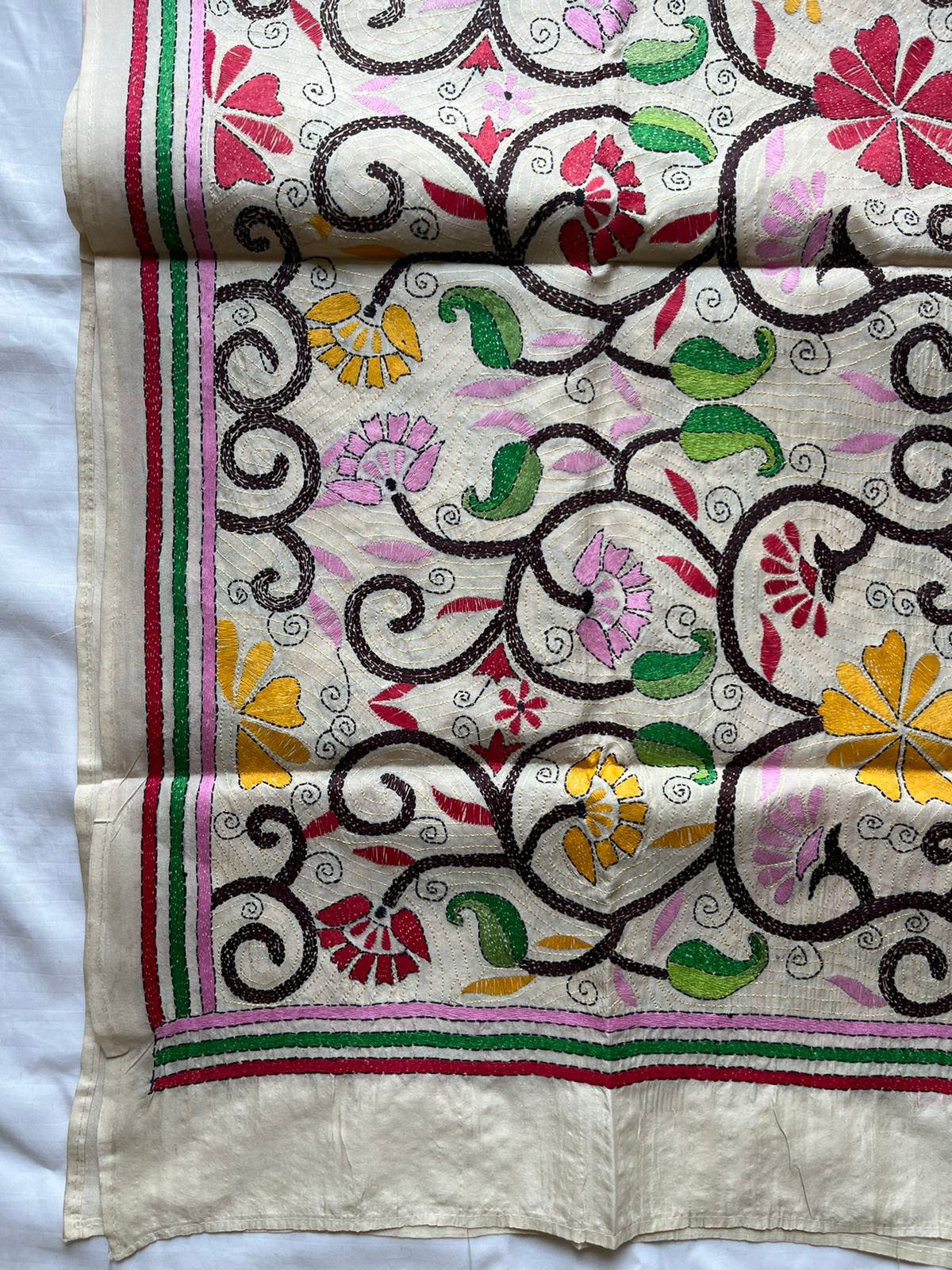 Nakshi Kantha Semi Tusshar silk Stole 22"