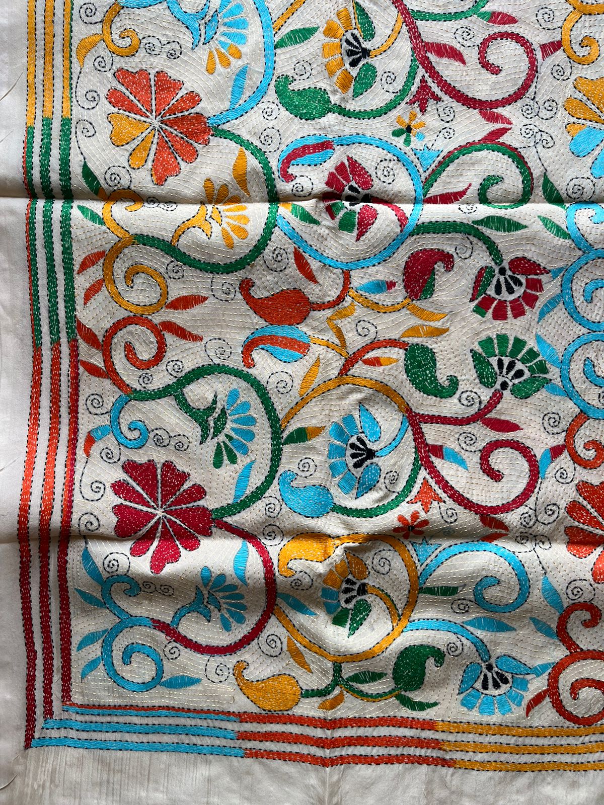 Nakshi Kantha Semi Tusshar silk Stole 22"