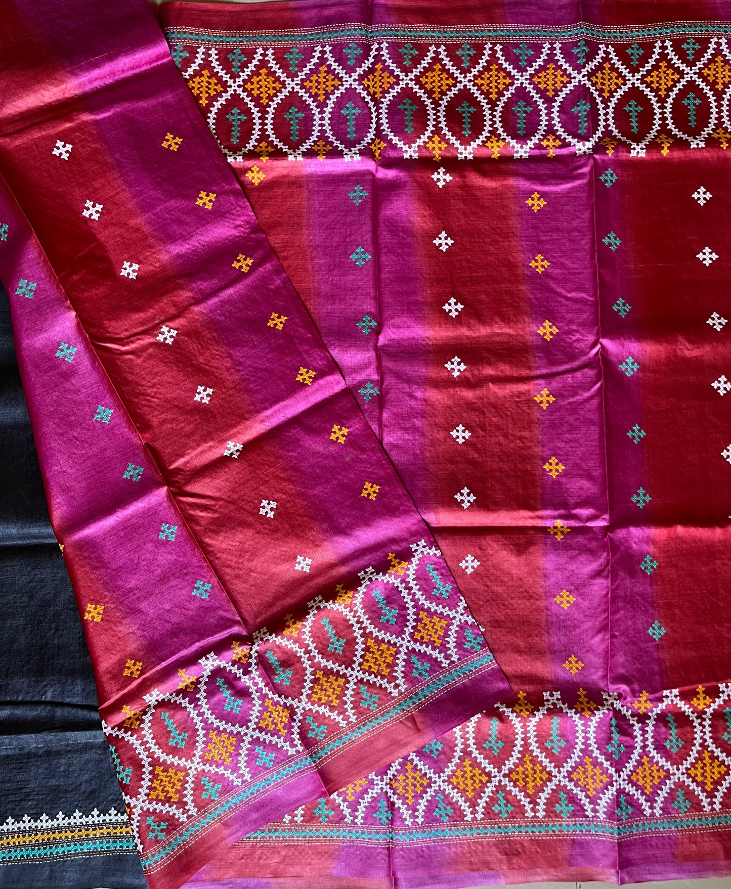 Kutch work/Gujrati stitch Hand Embroidered Pure Tassar Silk Saree