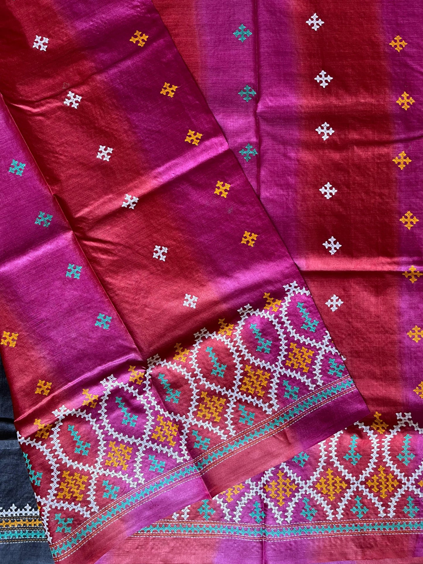 Kutch work/Gujrati stitch Hand Embroidered Pure Tassar Silk Saree