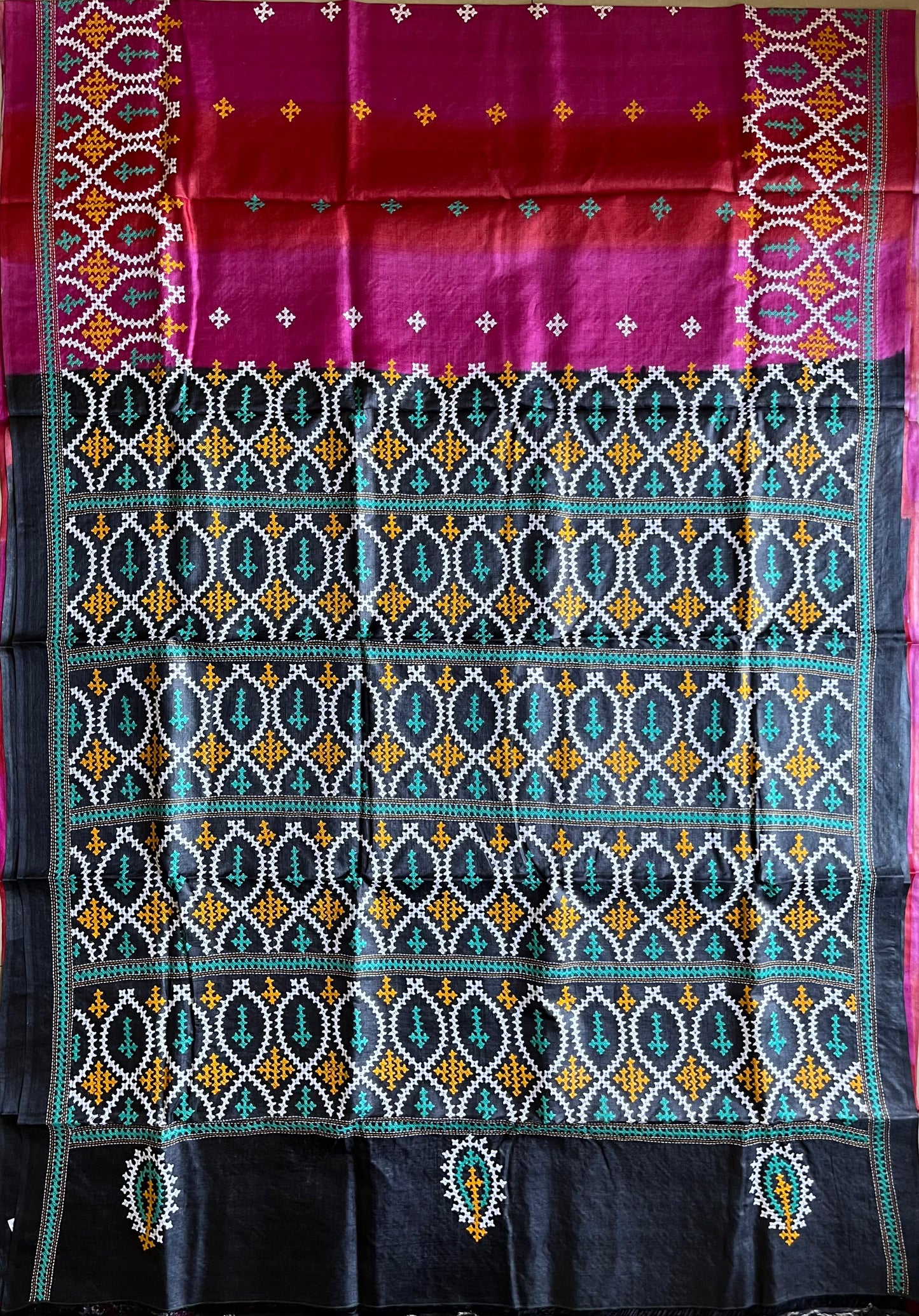 Kutch work/Gujrati stitch Hand Embroidered Pure Tassar Silk Saree