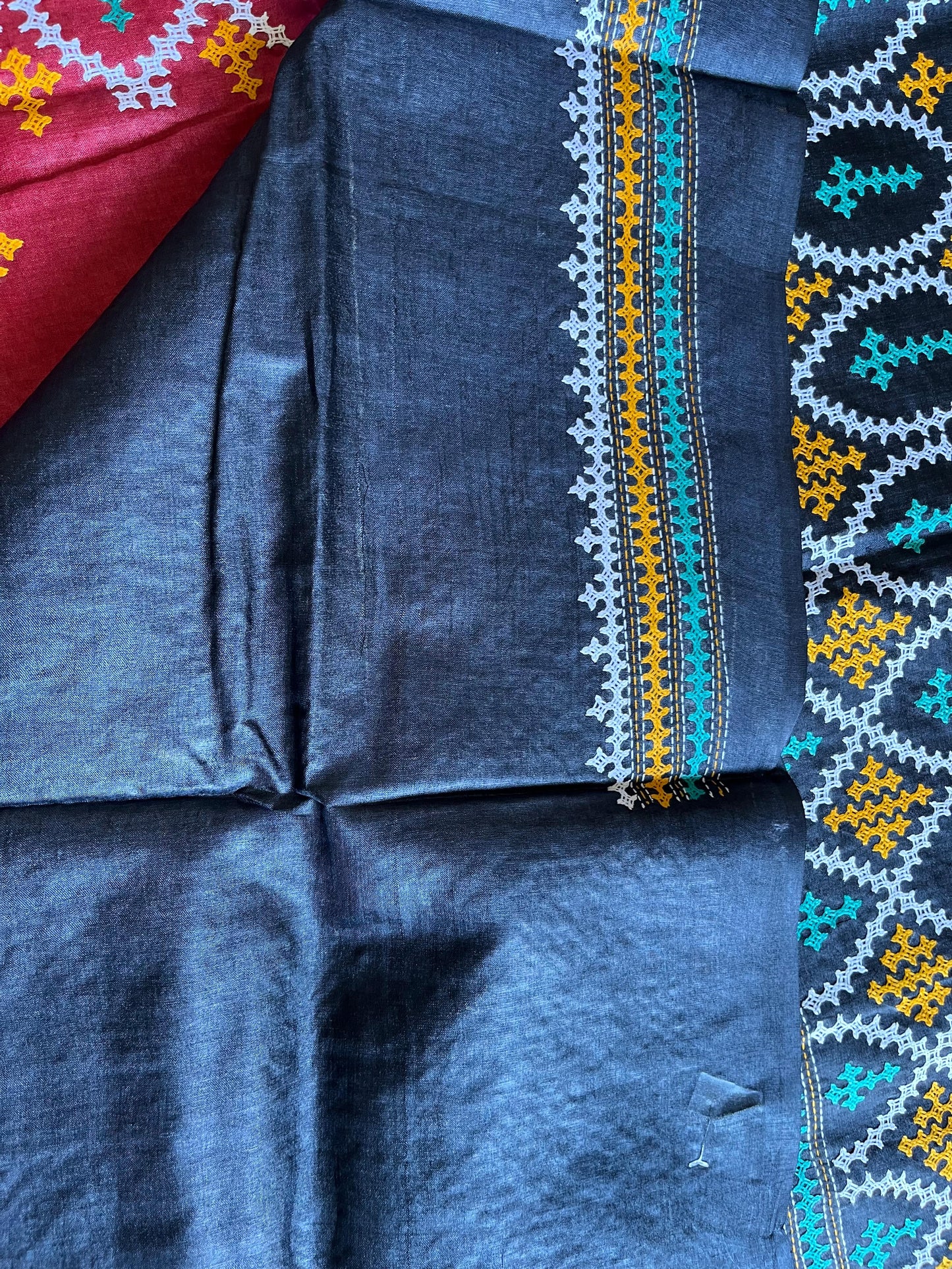 Kutch work/Gujrati stitch Hand Embroidered Pure Tassar Silk Saree