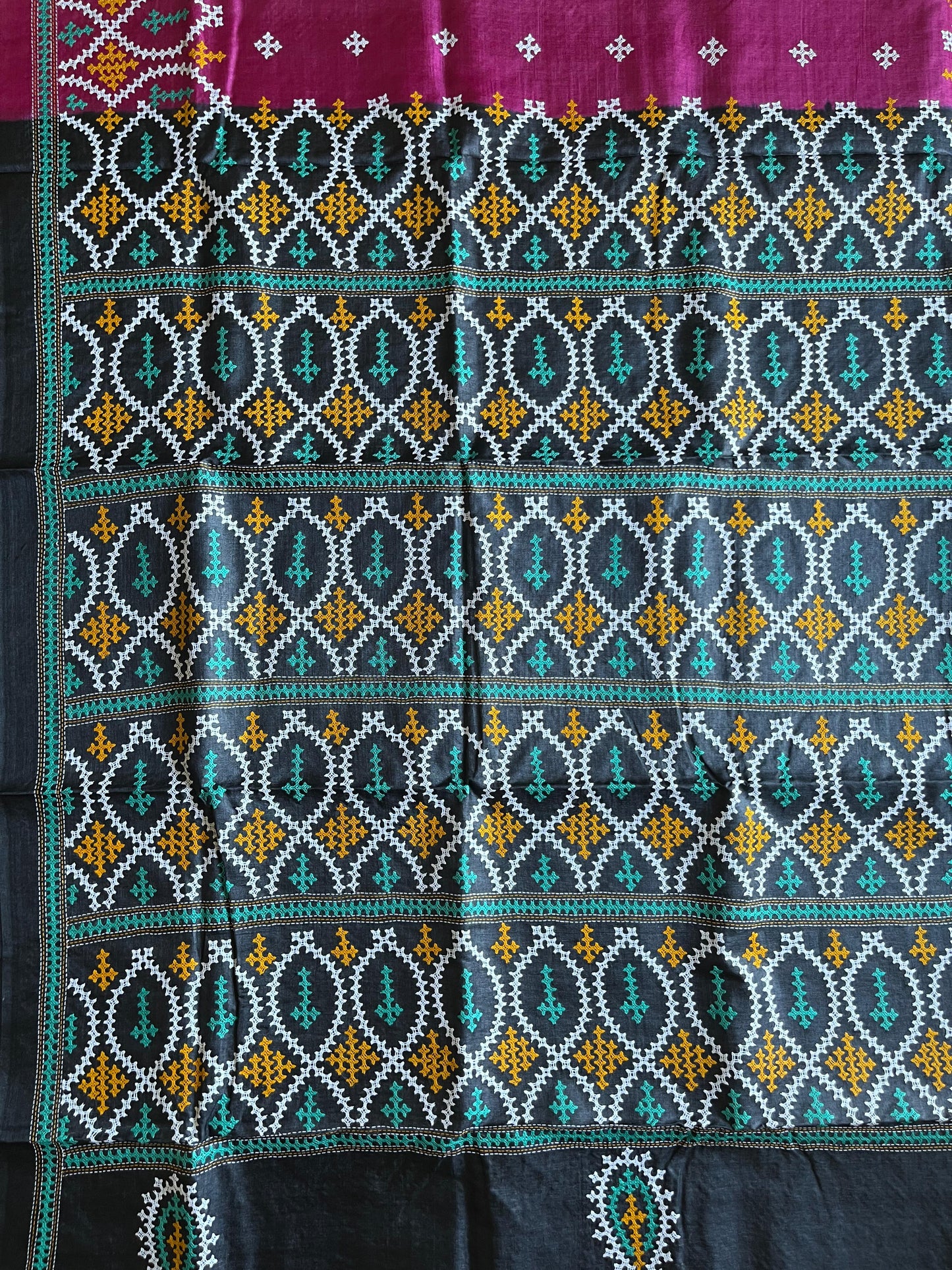 Kutch work/Gujrati stitch Hand Embroidered Pure Tassar Silk Saree