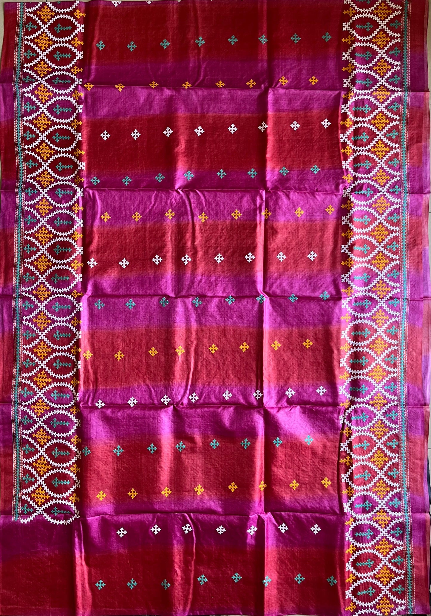Kutch work/Gujrati stitch Hand Embroidered Pure Tassar Silk Saree