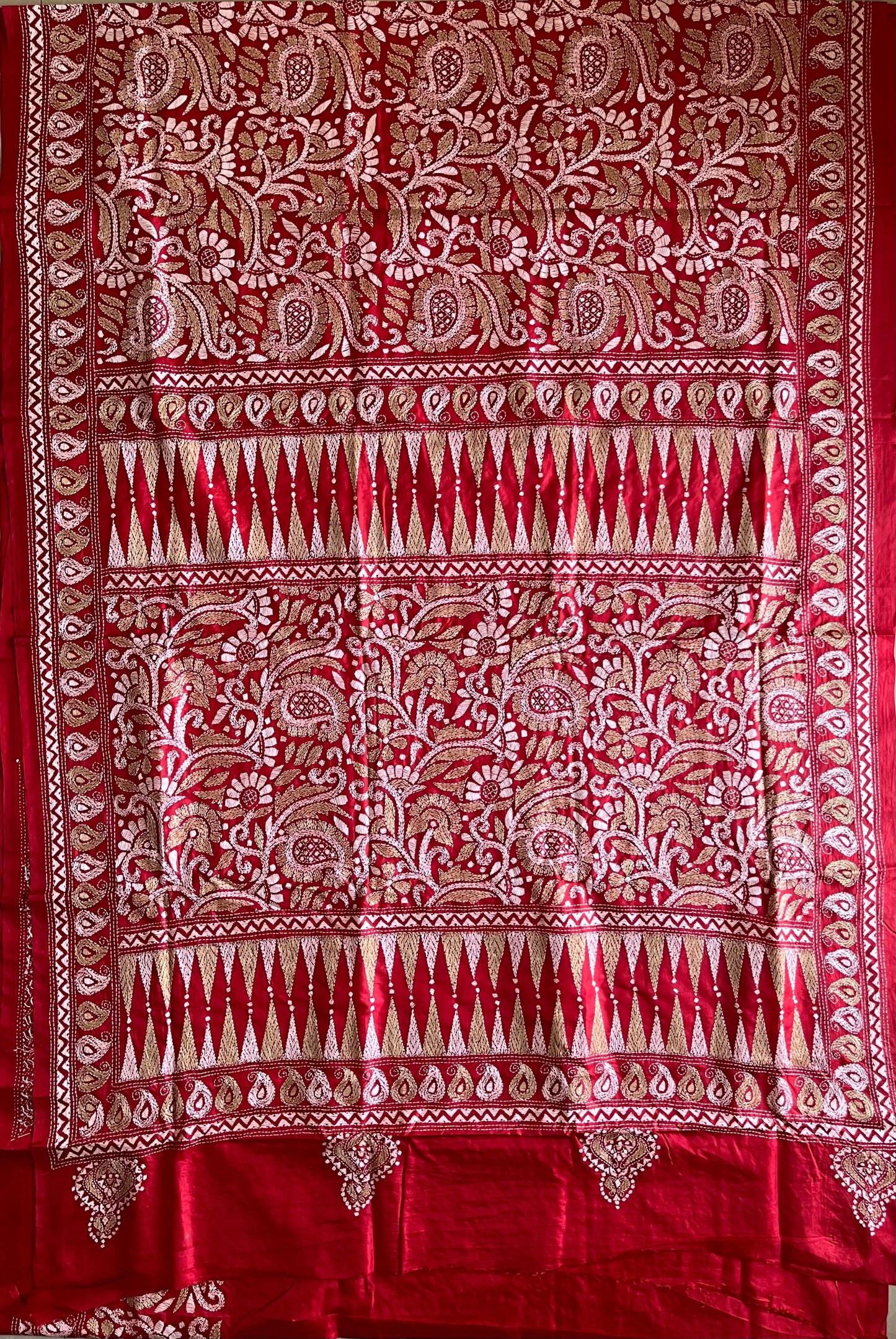 Red Kantha Stitch Saree on Pure Bangalore Silk (Silk Marked)