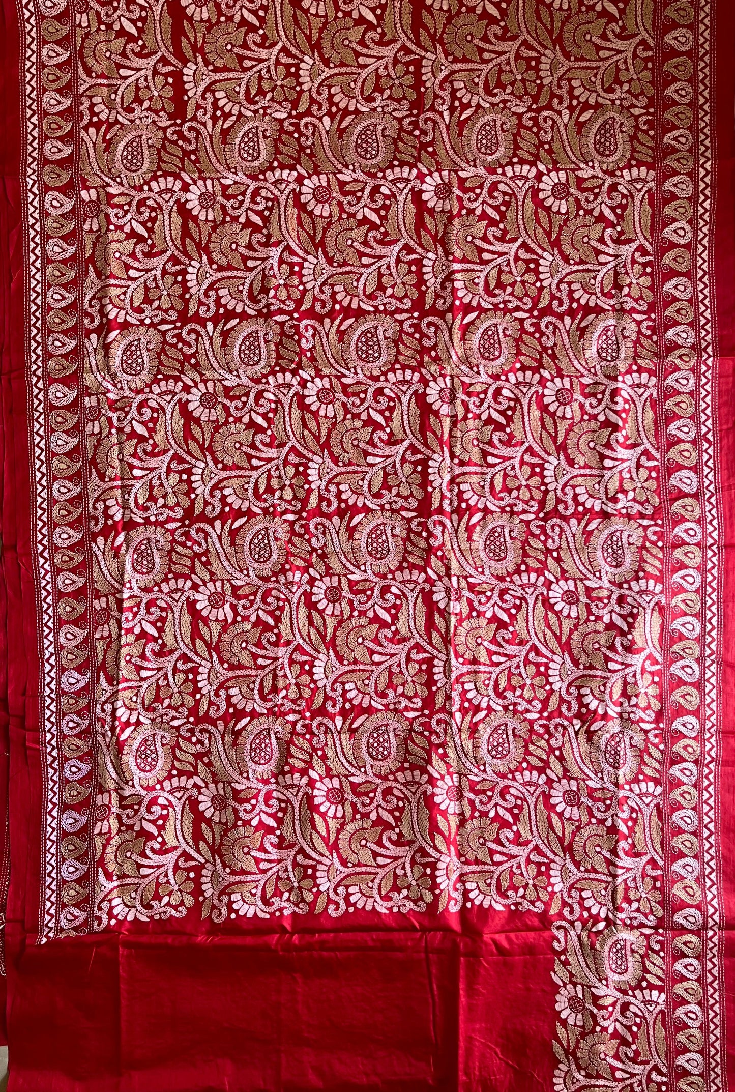 Red Kantha Stitch Saree on Pure Bangalore Silk (Silk Marked)