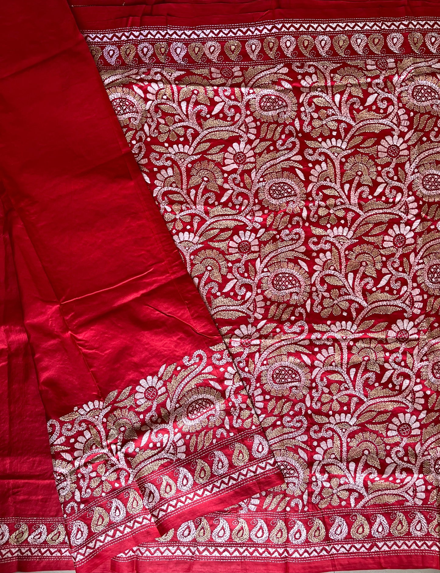 Red Kantha Stitch Saree on Pure Bangalore Silk (Silk Marked)