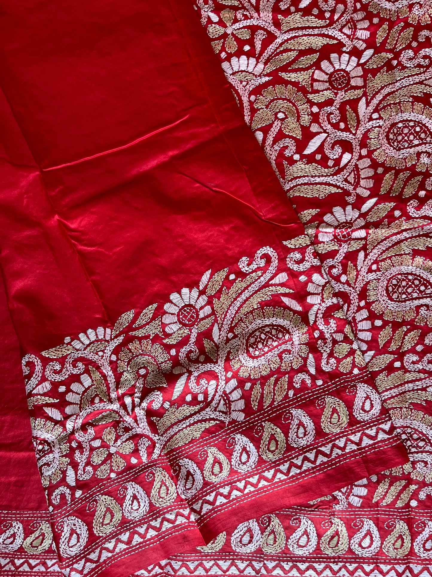 Red Kantha Stitch Saree on Pure Bangalore Silk (Silk Marked)