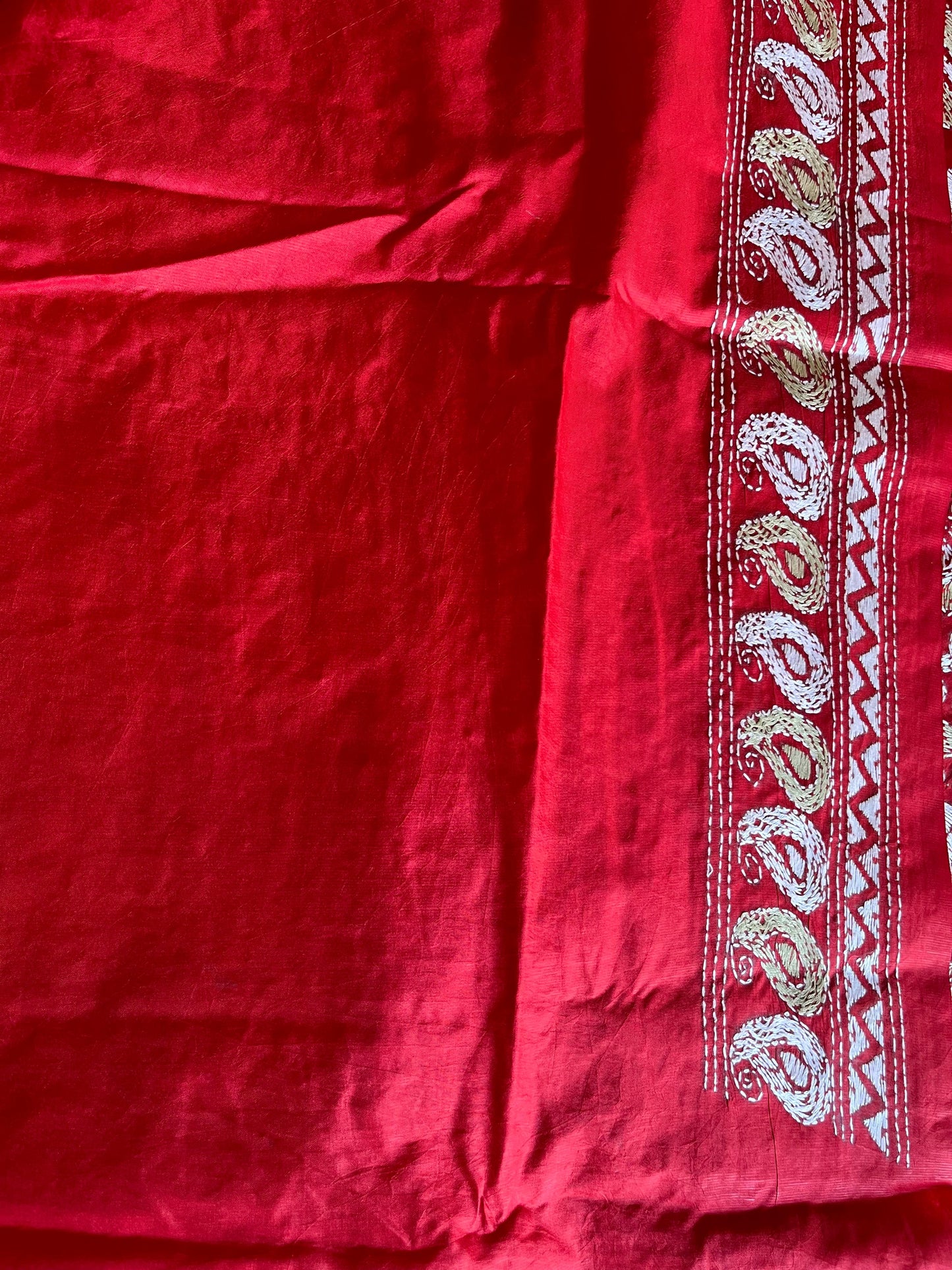 Red Kantha Stitch Saree on Pure Bangalore Silk (Silk Marked)
