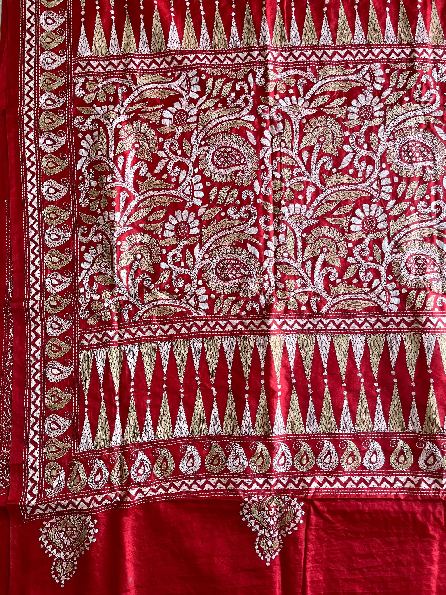 Red Kantha Stitch Saree on Pure Bangalore Silk (Silk Marked)