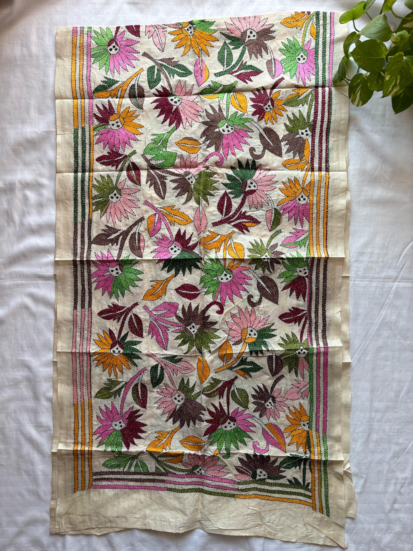 Nakshi Kantha Semi Tusshar silk Stole 22"