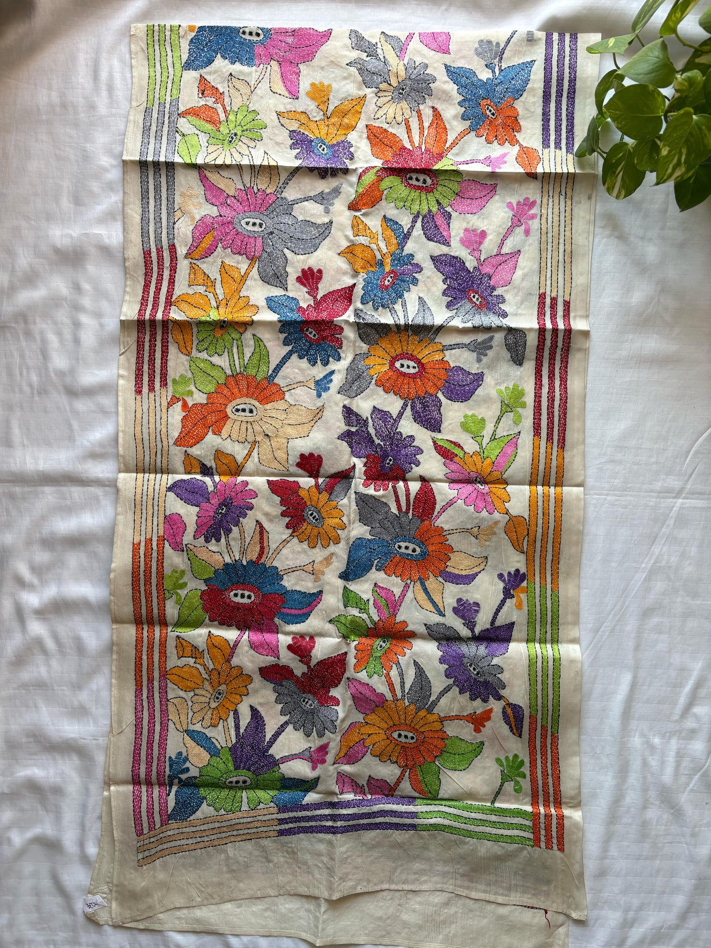 Nakshi Kantha Semi Tusshar silk Stole 22"