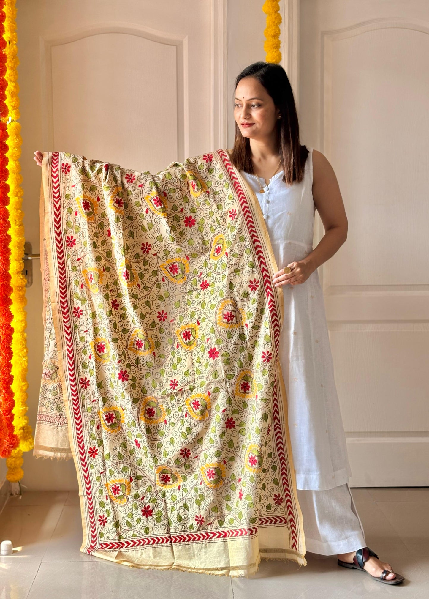 Kantha Hand Embroidary Full Work Semi Tusshar Silk Dupatta 36”